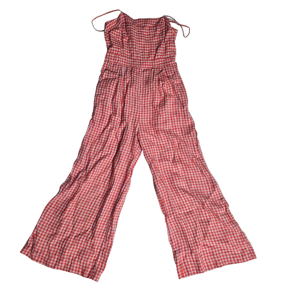 J.Crew Red Gingham Linen Wide Leg Jumpsuit Size 00 Adjustable Straps Summer